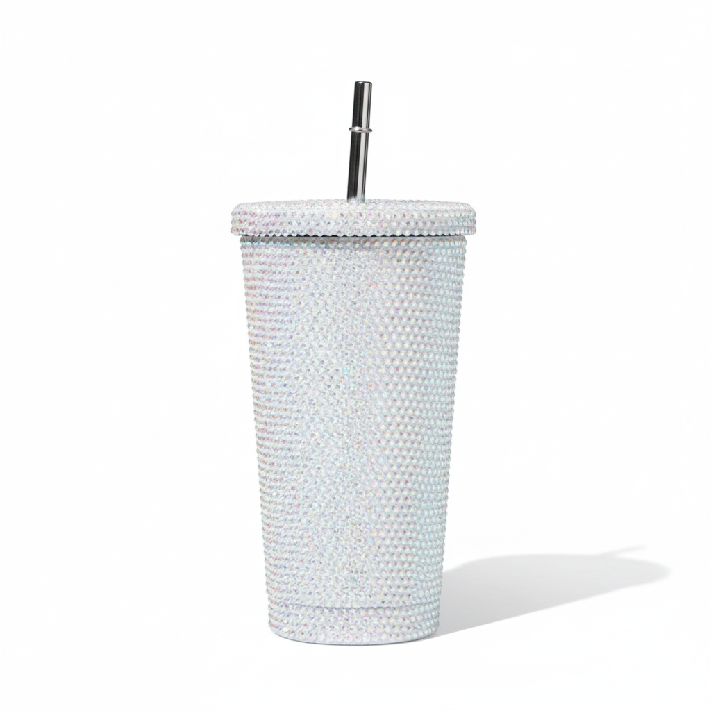 Thermos à paillette et strass avec paille – LUMINOUS