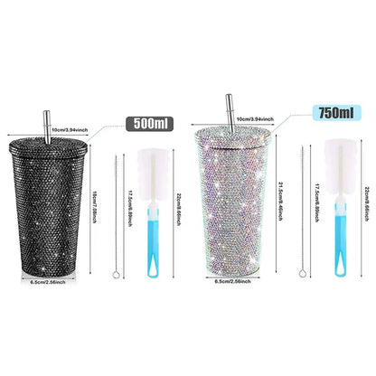 Thermos à paillette et strass avec paille – LUMINOUS