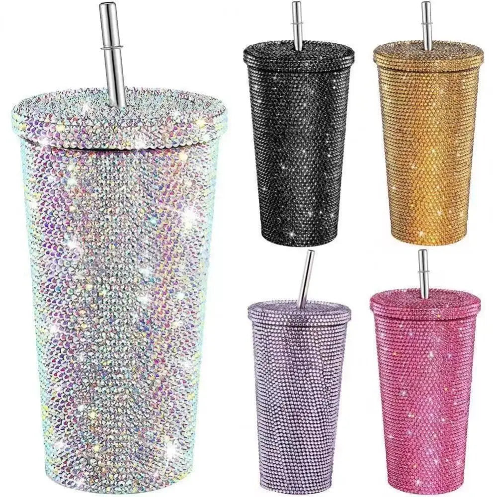 Thermos à paillette et strass avec paille – LUMINOUS