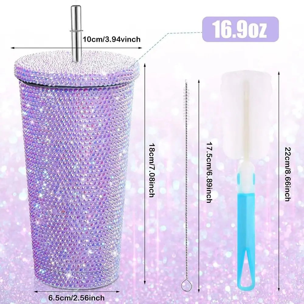 Thermos à paillette et strass avec paille – LUMINOUS