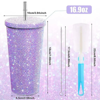 Thermos à paillette et strass avec paille – LUMINOUS